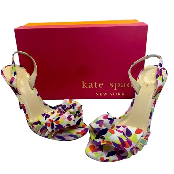 Kate Spade Multi Heart Pink Purple Print Bow Heel Lourdes Shoes Size 8 Valentine - Picture 1 of 6